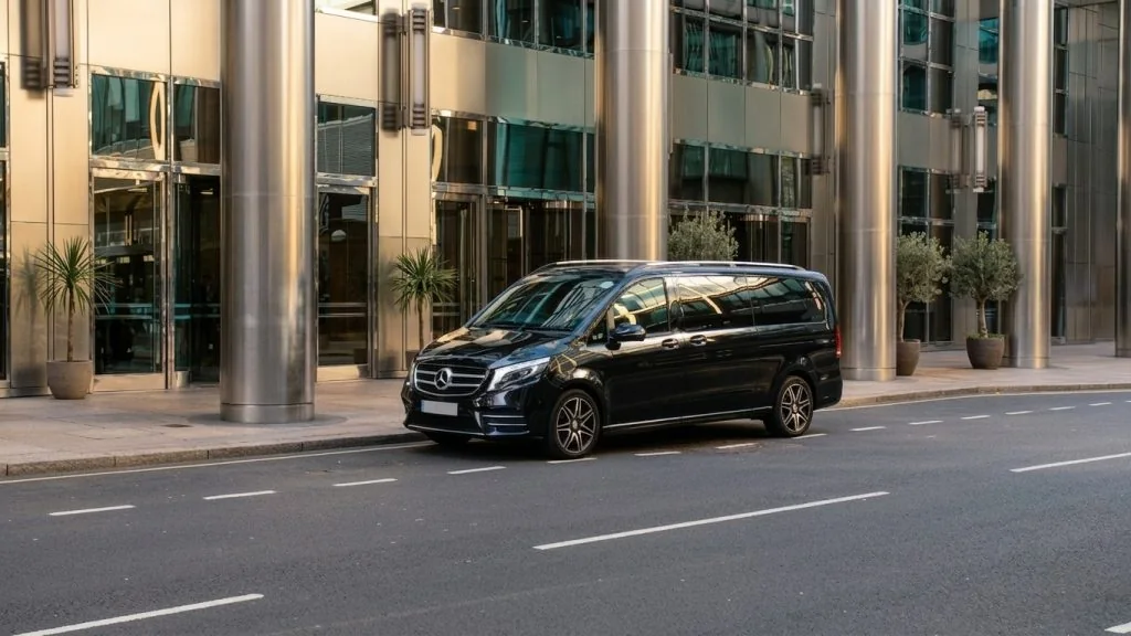 Black Mercedes V-Class van at a building entrance for a group transfer