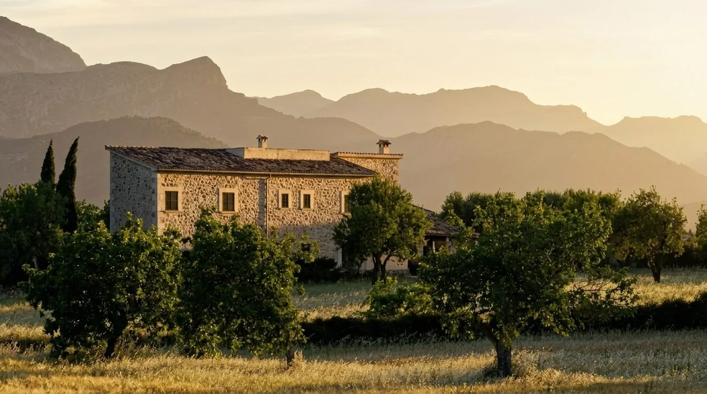 Traditional Mallorcan stone finca in a field with the Serra de Tramuntana behind at golden hour